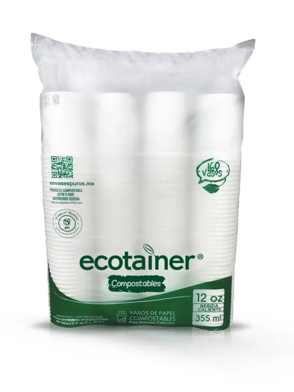 Ecotainer Vasos Compostables 160 pzas de 355 ml