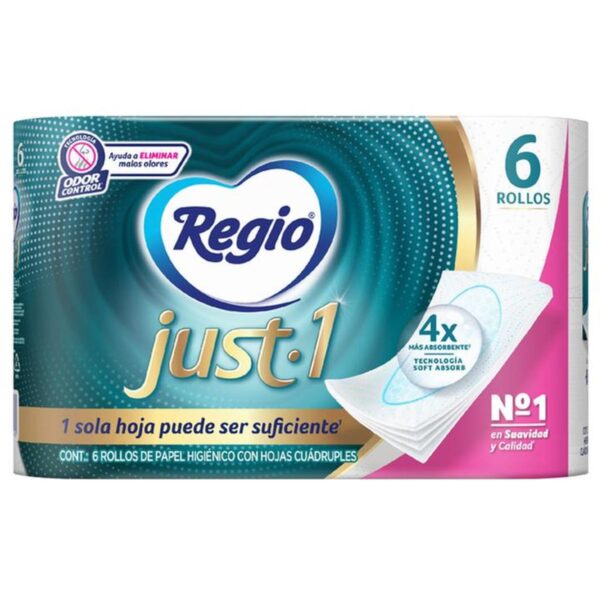Papel Higiénico Regio Just-1 6 Rollos con Hojas Cuadruples